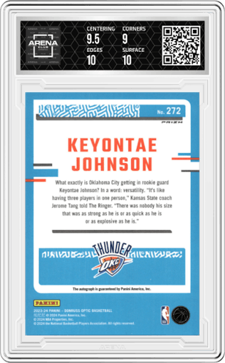 Keyontae Johnson from the 2023-24 Donruss Optic set featuring a Choice parallel graded by Arena Club and given an overall grade of 9.5.