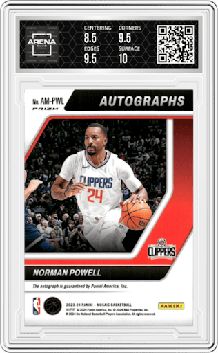 Norman Powell  from the 2023-24 Panini Mosaic set graded by Arena Club and given an overall grade of 9.