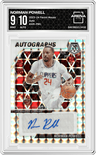 Norman Powell  from the 2023-24 Panini Mosaic set graded by Arena Club and given an overall grade of 9.