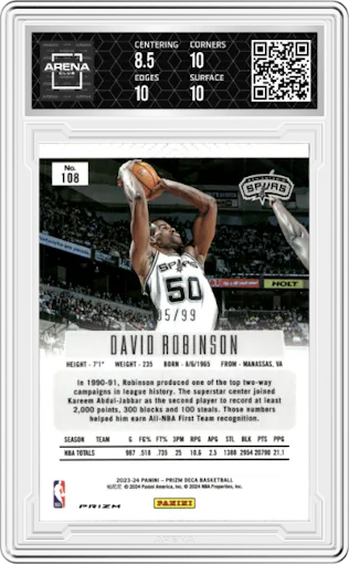 David Robinson from the 2023-24 Panini Prizm Deca set featuring a Purple Prizm parallel graded by Arena Club and given an overall grade of 9.
