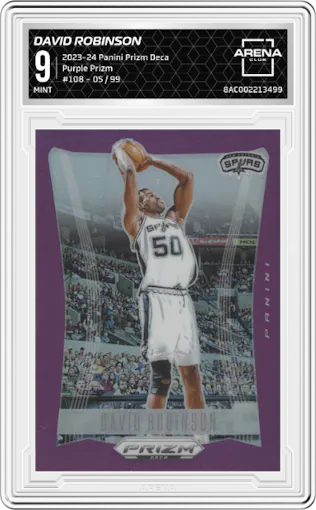 David Robinson from the 2023-24 Panini Prizm Deca set featuring a Purple Prizm parallel graded by Arena Club and given an overall grade of 9.
