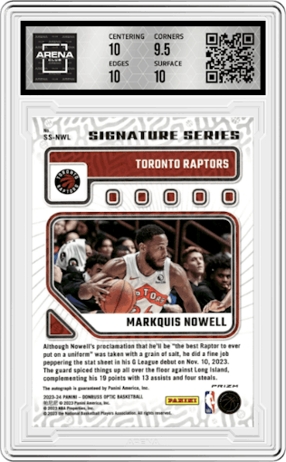 Markquis Nowell from the 2023-24 Donruss Optic set featuring a Green parallel graded by Arena Club and given an overall grade of 10.
