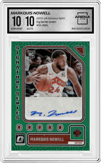 Markquis Nowell from the 2023-24 Donruss Optic set featuring a Green parallel graded by Arena Club and given an overall grade of 10.