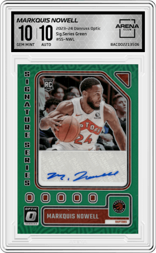 Markquis Nowell from the 2023-24 Donruss Optic set featuring a Green parallel graded by Arena Club and given an overall grade of 10.