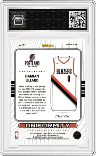 Damian Lillard from the 2022-23 Panini Contenders Optic set featuring a Gold Vinyl parallel graded by Arena Club.