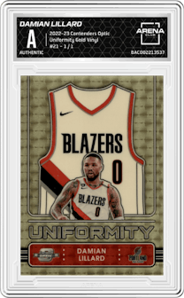 Damian Lillard from the 2022-23 Panini Contenders Optic set featuring a Gold Vinyl parallel graded by Arena Club.