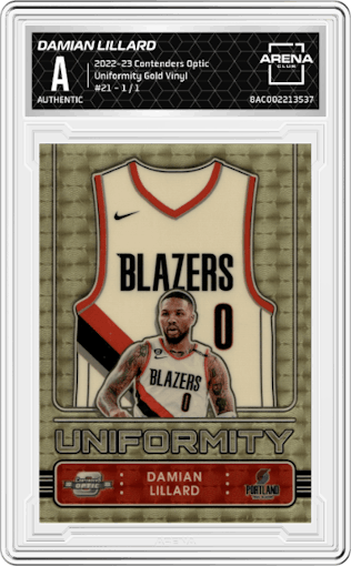 Damian Lillard from the 2022-23 Panini Contenders Optic set featuring a Gold Vinyl parallel graded by Arena Club.