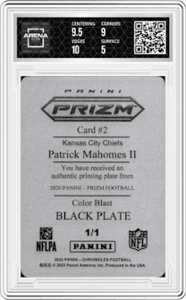 Patrick Mahomes II from the 2022 Panini Chronicles set featuring a Printing Plate Black parallel graded by Arena Club and given an overall grade of 5.5.