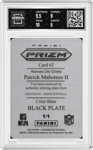 Patrick Mahomes II from the 2022 Panini Chronicles set featuring a Printing Plate Black parallel graded by Arena Club and given an overall grade of 5.5.
