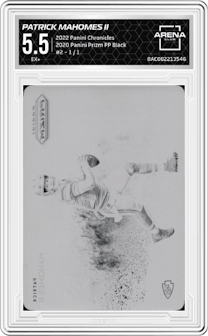 Patrick Mahomes II from the 2022 Panini Chronicles set featuring a Printing Plate Black parallel graded by Arena Club and given an overall grade of 5.5.