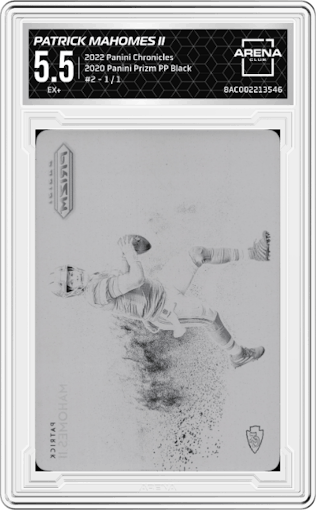 Patrick Mahomes II from the 2022 Panini Chronicles set featuring a Printing Plate Black parallel graded by Arena Club and given an overall grade of 5.5.