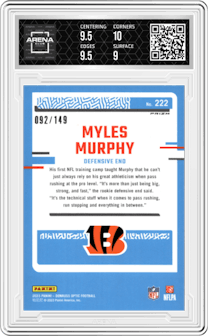 Myles Murphy from the 2023 Donruss Optic set featuring a Flex parallel graded by Arena Club and given an overall grade of 9.5.