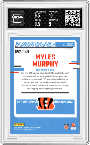 Myles Murphy from the 2023 Donruss Optic set featuring a Flex parallel graded by Arena Club and given an overall grade of 9.5.