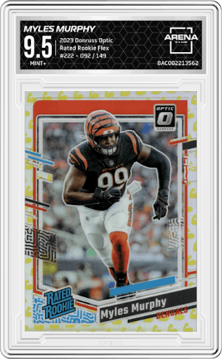 Myles Murphy from the 2023 Donruss Optic set featuring a Flex parallel graded by Arena Club and given an overall grade of 9.5.