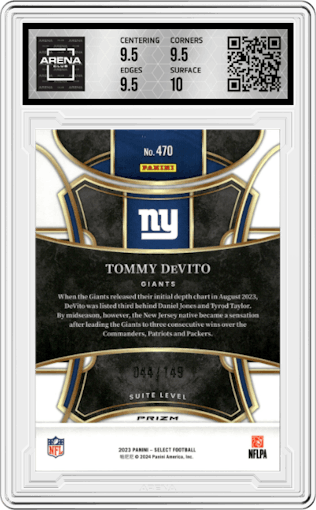Tommy DeVito from the 2023 Panini Select set featuring a Tri-Color parallel graded by Arena Club and given an overall grade of 10.