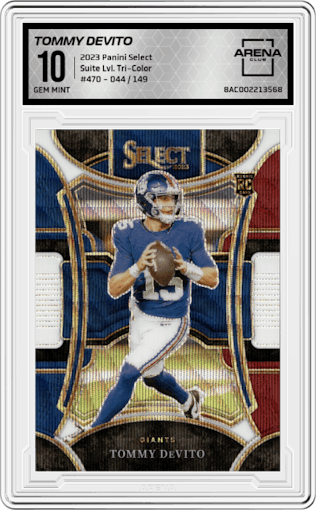 Tommy DeVito from the 2023 Panini Select set featuring a Tri-Color parallel graded by Arena Club and given an overall grade of 10.