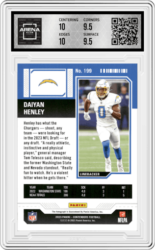 Daiyan Henley from the 2023 Panini Contenders set graded by Arena Club and given an overall grade of 10.
