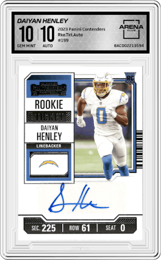 Daiyan Henley from the 2023 Panini Contenders set graded by Arena Club and given an overall grade of 10.