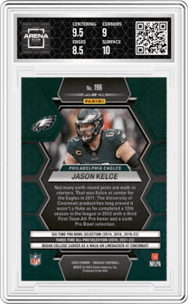 Jason Kelce from the 2023 Panini Mosaic set featuring a White Sparkle parallel graded by Arena Club and given an overall grade of 9.