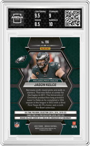 Jason Kelce from the 2023 Panini Mosaic set featuring a White Sparkle parallel graded by Arena Club and given an overall grade of 9.