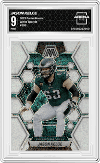 Jason Kelce from the 2023 Panini Mosaic set featuring a White Sparkle parallel graded by Arena Club and given an overall grade of 9.
