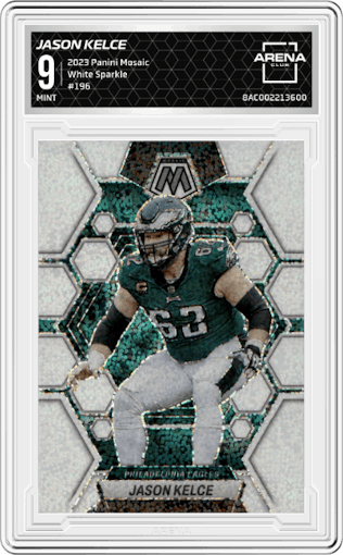 Jason Kelce from the 2023 Panini Mosaic set featuring a White Sparkle parallel graded by Arena Club and given an overall grade of 9.