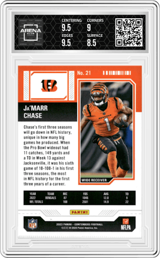 Ja'Marr Chase  from the 2023 Panini Contenders set featuring a Goal Line Ticket FOTL parallel graded by Arena Club and given an overall grade of 9.