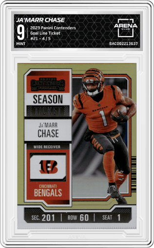 Ja'Marr Chase  from the 2023 Panini Contenders set featuring a Goal Line Ticket FOTL parallel graded by Arena Club and given an overall grade of 9.