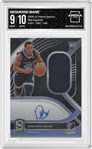 Desmond Bane from the 2020-21 Panini Spectra set graded by Arena Club and given an overall grade of 9.