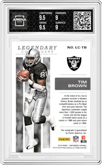 Tim Brown from the 2019 Panini Contenders set featuring a Gold parallel graded by Arena Club and given an overall grade of 9.5.
