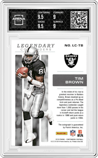 Tim Brown from the 2019 Panini Contenders set featuring a Gold parallel graded by Arena Club and given an overall grade of 9.5.