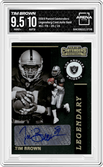 Tim Brown from the 2019 Panini Contenders set featuring a Gold parallel graded by Arena Club and given an overall grade of 9.5.
