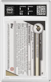 Shedeur Sanders from the 2023 Bowman Chrome University set featuring a Blue Refractor parallel graded by Arena Club and given an overall grade of 9.