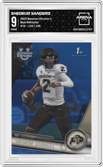 Shedeur Sanders from the 2023 Bowman Chrome University set featuring a Blue Refractor parallel graded by Arena Club and given an overall grade of 9.