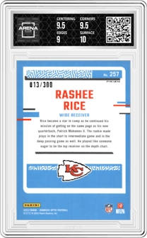 Rashee Rice from the 2023 Donruss Optic set featuring a Wave parallel graded by Arena Club and given an overall grade of 9.5.