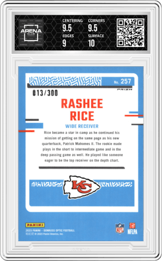 Rashee Rice from the 2023 Donruss Optic set featuring a Wave parallel graded by Arena Club and given an overall grade of 9.5.