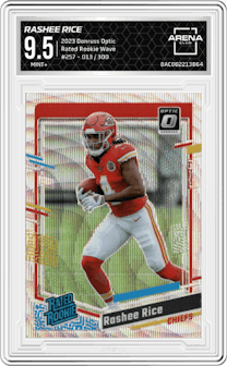 Rashee Rice from the 2023 Donruss Optic set featuring a Wave parallel graded by Arena Club and given an overall grade of 9.5.