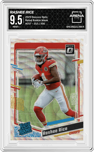 Rashee Rice from the 2023 Donruss Optic set featuring a Wave parallel graded by Arena Club and given an overall grade of 9.5.
