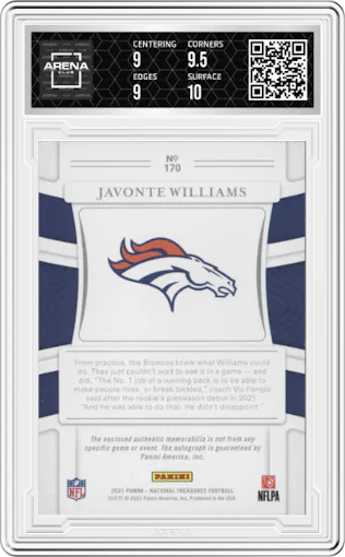 Javonte Williams from the 2021 Panini National Treasures set featuring a Green Jersey Number parallel graded by Arena Club and given an overall grade of 9.5.