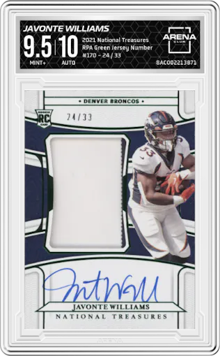 Javonte Williams from the 2021 Panini National Treasures set featuring a Green Jersey Number parallel graded by Arena Club and given an overall grade of 9.5.