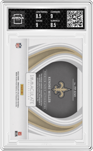 Kendre Miller from the 2023 Panini Immaculate Collection  set featuring a Emerald parallel graded by Arena Club and given an overall grade of 9.