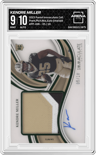 Kendre Miller from the 2023 Panini Immaculate Collection  set featuring a Emerald parallel graded by Arena Club and given an overall grade of 9.