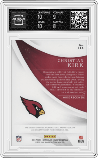 Christian Kirk from the 2018 Panini Immaculate Collection set graded by Arena Club and given an overall grade of 8.5.