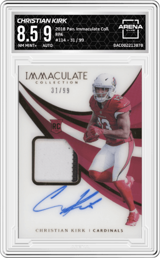 Christian Kirk from the 2018 Panini Immaculate Collection set graded by Arena Club and given an overall grade of 8.5.