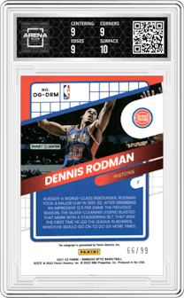 Dennis Rodman from the 2021-22 Panini Donruss Optic set graded by Arena Club and given an overall grade of 9.5.