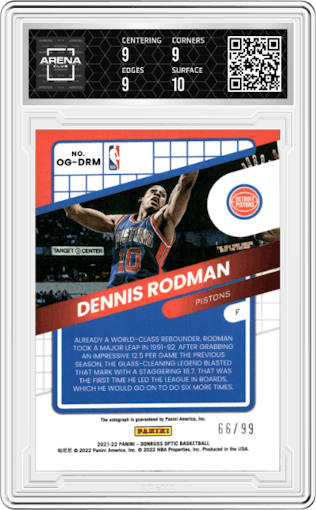 Dennis Rodman from the 2021-22 Panini Donruss Optic set graded by Arena Club and given an overall grade of 9.5.