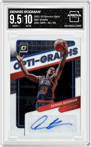 Dennis Rodman from the 2021-22 Panini Donruss Optic set graded by Arena Club and given an overall grade of 9.5.