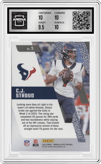 C.J. Stroud from the 2023 Donruss Optic set graded by Arena Club and given an overall grade of 10.