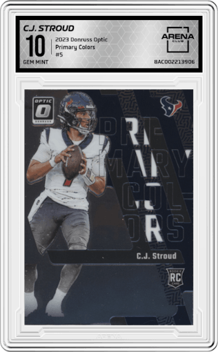 C.J. Stroud from the 2023 Donruss Optic set graded by Arena Club and given an overall grade of 10.