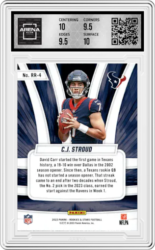 C.J. Stroud from the 2023 Panini Rookies & Stars set graded by Arena Club and given an overall grade of 10.
